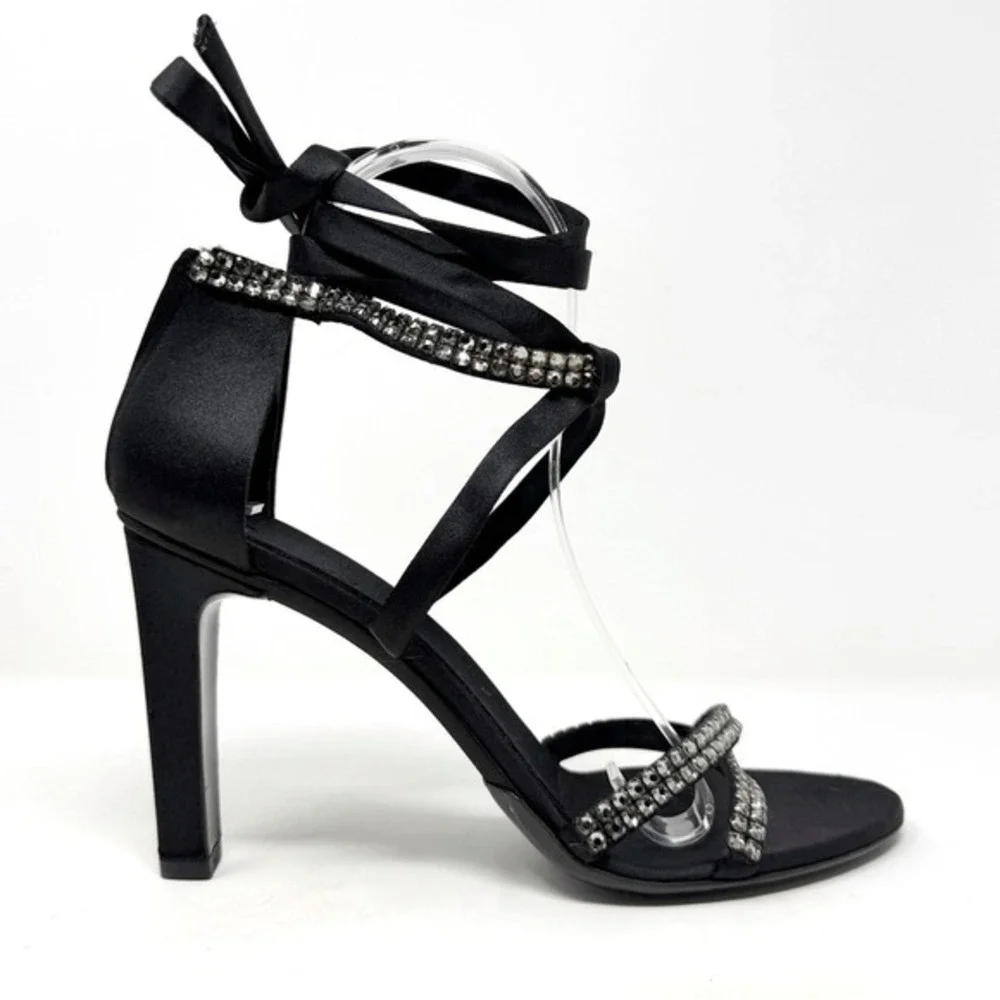 Gucci Black Satin Crystal Heels‎ Strappy Evening Shoes US 8.5